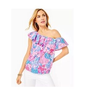 Lilly Pulitzer zeldie one shoulder ruffle top - pink island snappy turtle